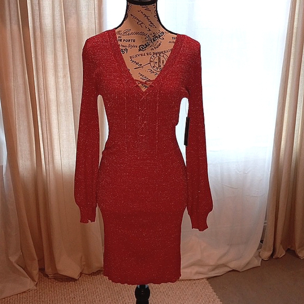 Women M NWT Fitted Mini Balloon Sleeve Metallic Dress Preppy Comfy Chic Red Boho